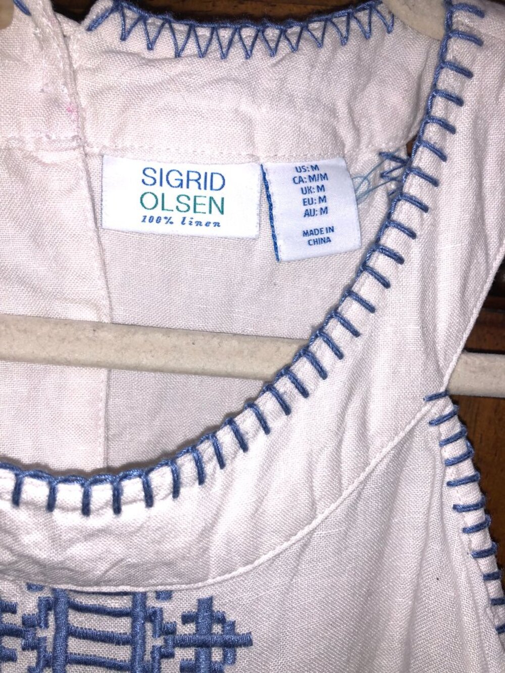 Sigrid Olsen 100% Linen White Blue Embroidered Halter Shift Dress Medium - Picture 3 of 7